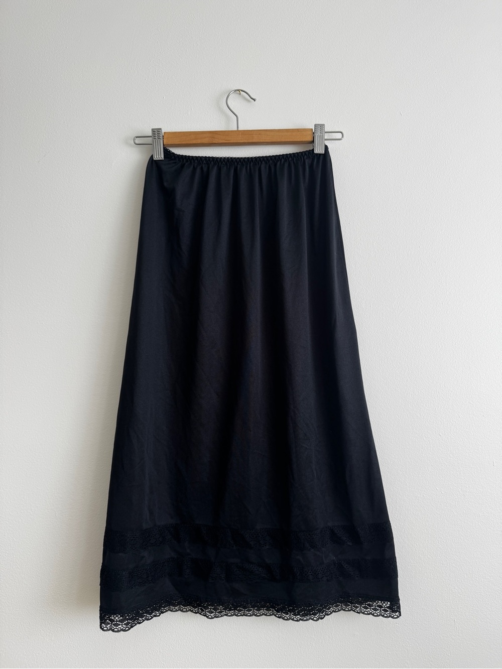 Vintage Black Midi Slip Skirt with Lace Hem